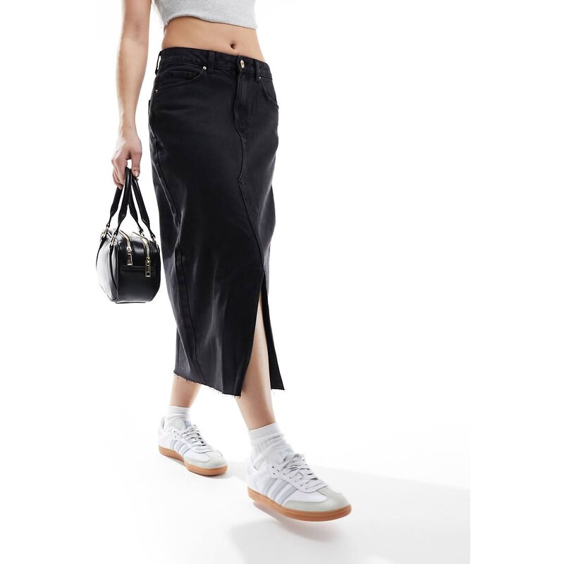 Pieces front split denim midi skirt in washed black 100067966