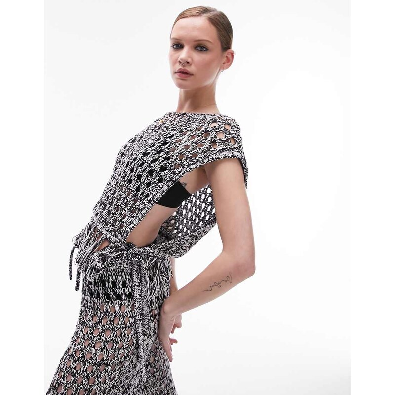Topshop knitted tie side beach top in monochrome-Multi