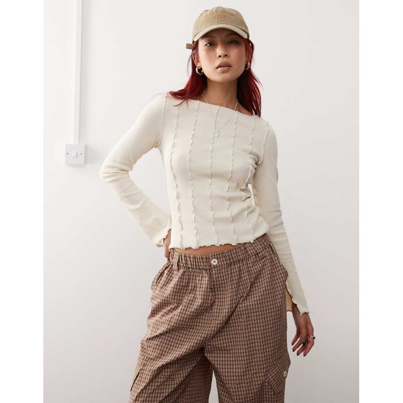 Monki overlock seam detail ribbed jersey top in light beige