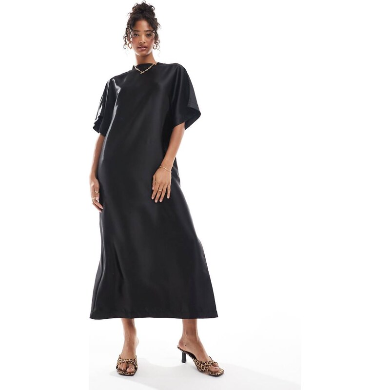ASOS DESIGN satin oversized midi tshirt dress in black 100068737
