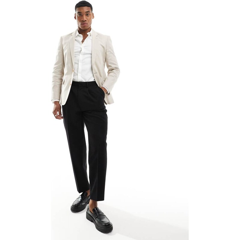 ASOS DESIGN skinny linen mix suit jacket in stone-Neutral