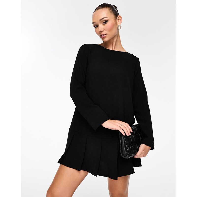 ASOS DESIGN long sleeve dropped waist box pleat mini dress in black 100070758