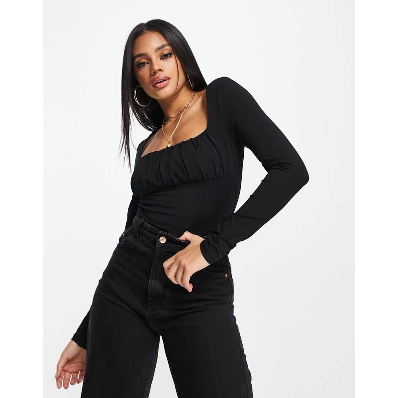 ASOS DESIGN gathered bust detail long sleeve top in black