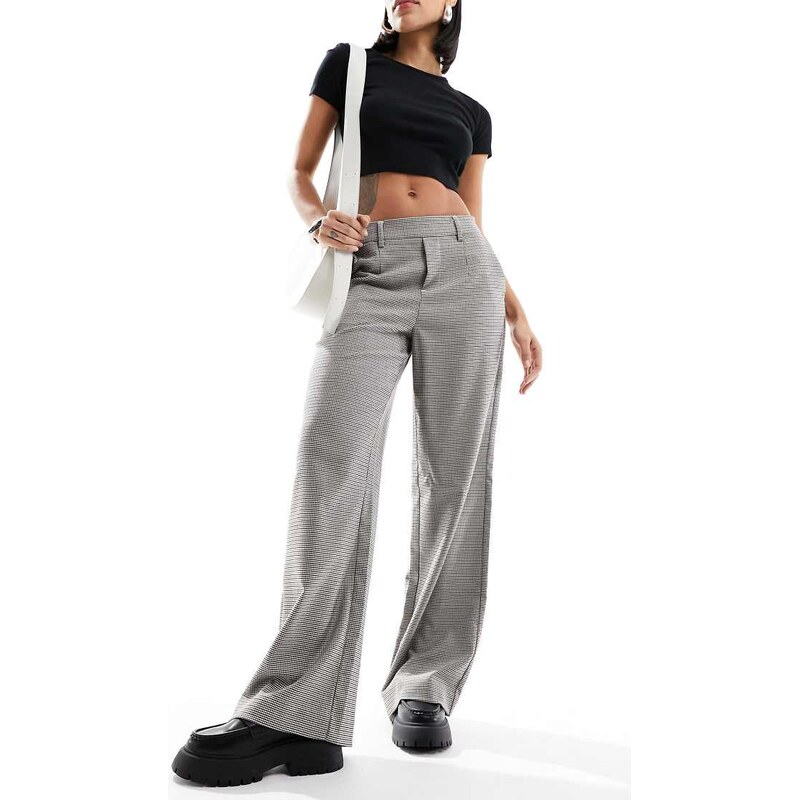 Object tailored wide leg trousers in neutral check 114737493
