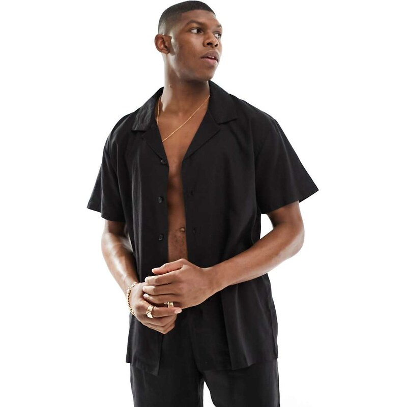South Beach linen blend beach shirt in black