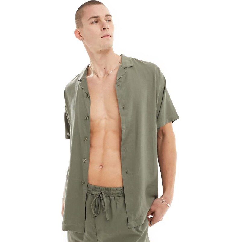 South Beach short sleeve linen blend beach shirt in khaki-Green