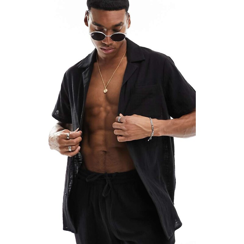 South Beach beach shirt co-ord in textured weave-Black