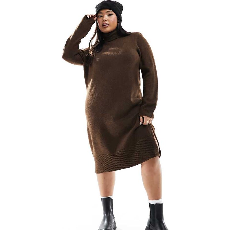 ONLY Curve roll neck knitted dress in brown-Grey