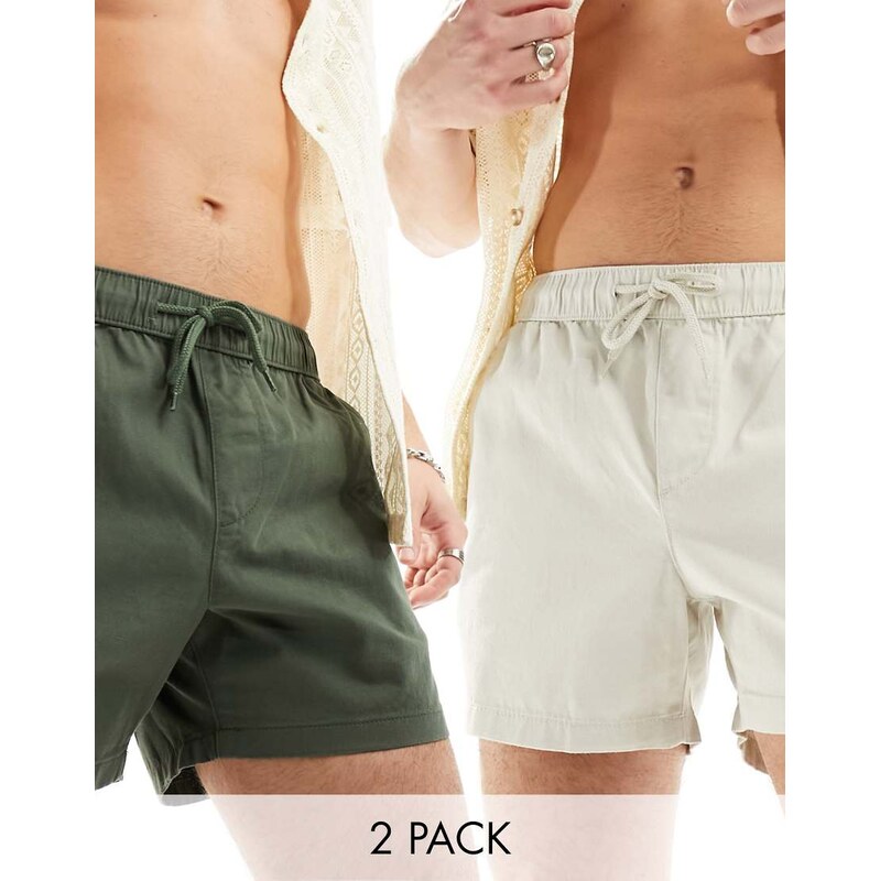 ASOS DESIGN 2 pack slim chino shorts in khaki and stone save-Green 100072407