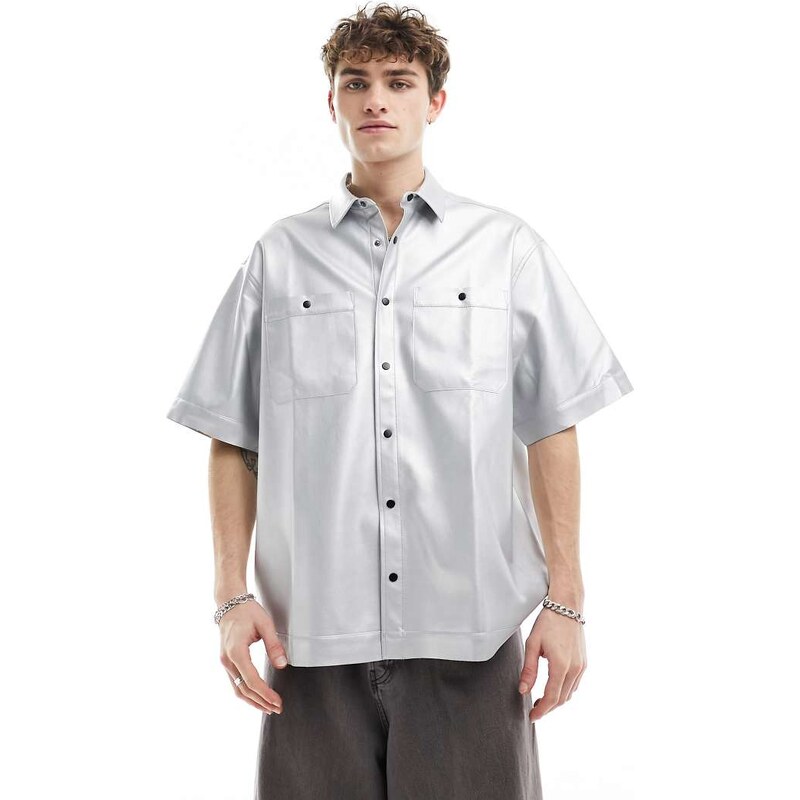 ASOS DESIGN short sleeve boxy faux leather shirt in silver