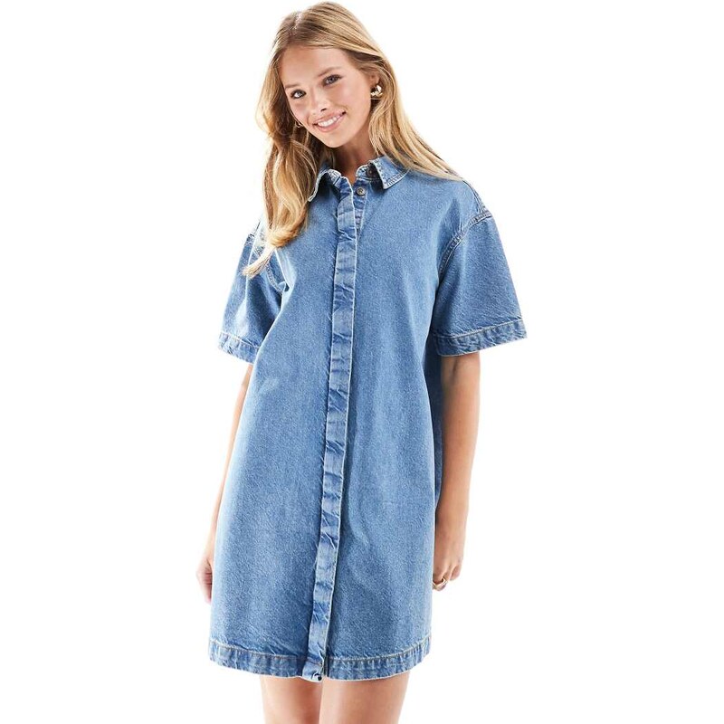 ASOS DESIGN short sleeve denim shirt dress in midwash blue 100073909