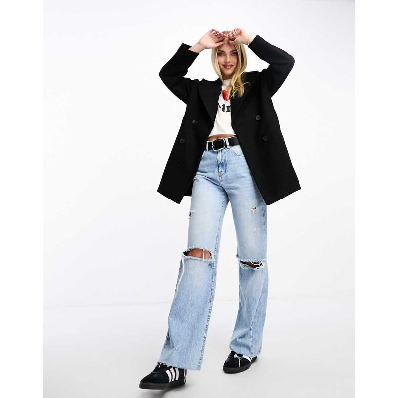 Monki double breasted longline jacket in black