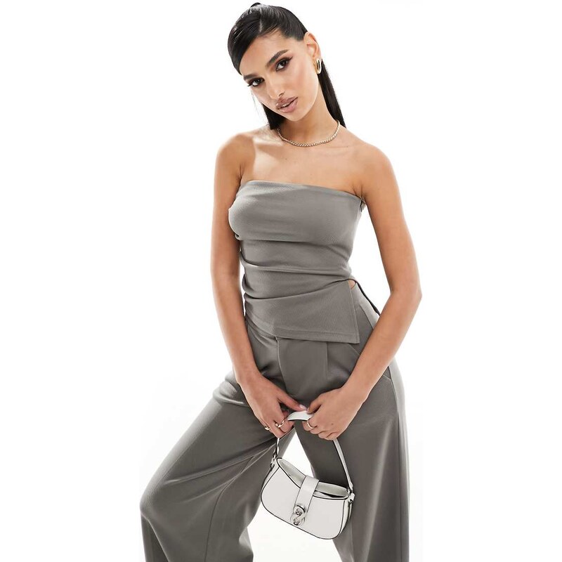 ASOS DESIGN co-ord strapless ruched side top in charcoal-Grey 100074247