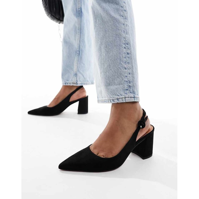ASOS DESIGN Sutton slingback mid block heels in black suedette 100145911