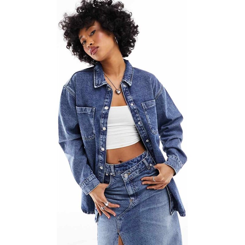 Noisy May oversize denim shirt in mid wash blue