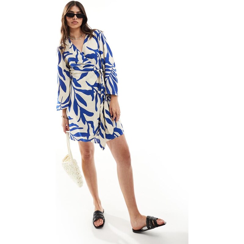 JDY wrap kimono dress beige with blue palm print-Multi