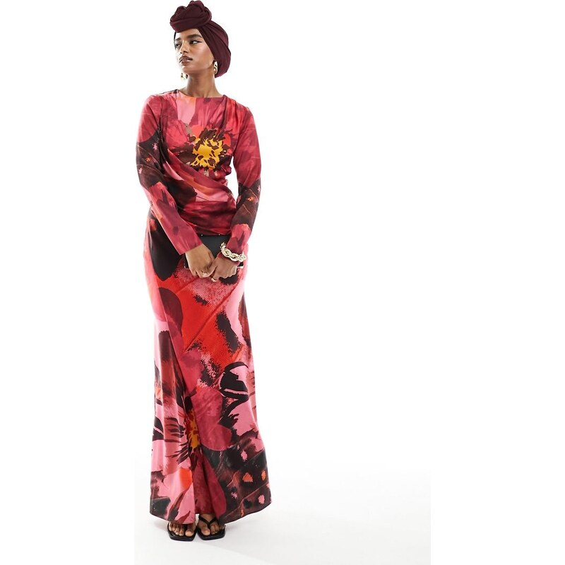 ASOS DESIGN satin drape detail maxi dress in pink large floral print 100080571