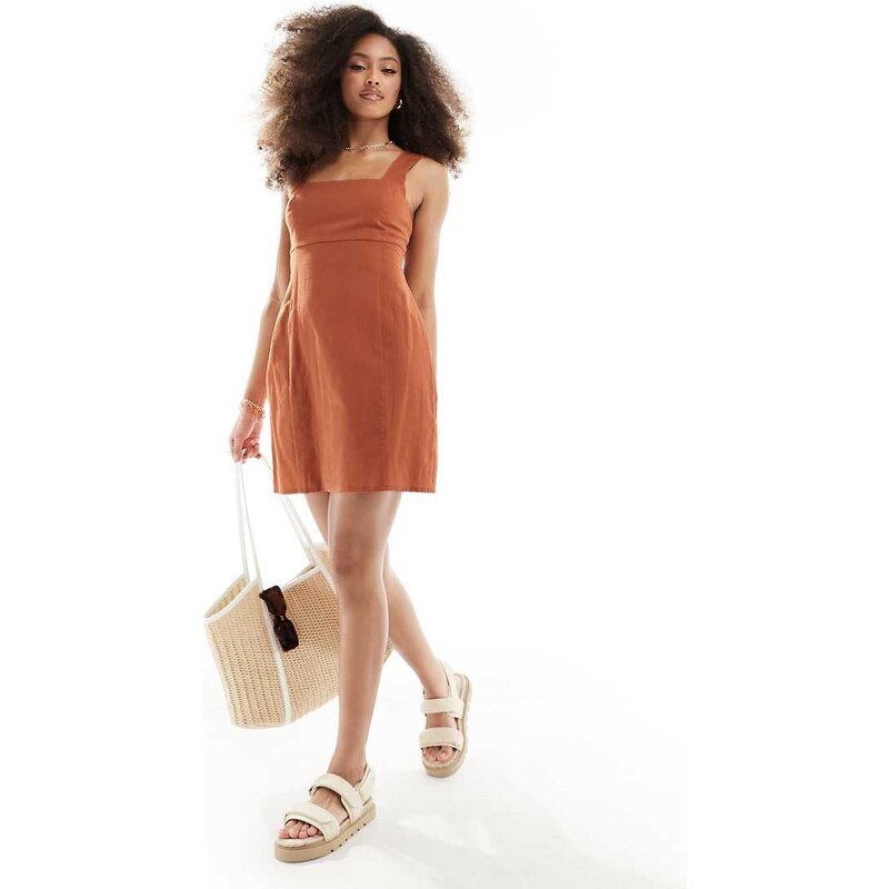 ASOS DESIGN square neck tie back linen mini sundress in terracotta 100080716