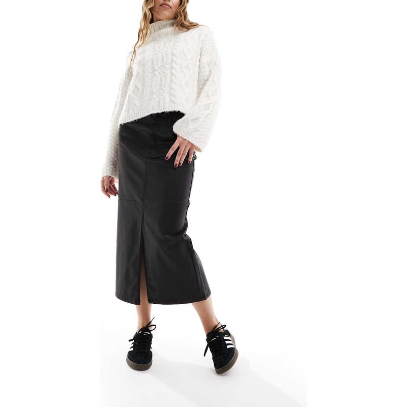 Object coated midi skirt with split front in black 100081249