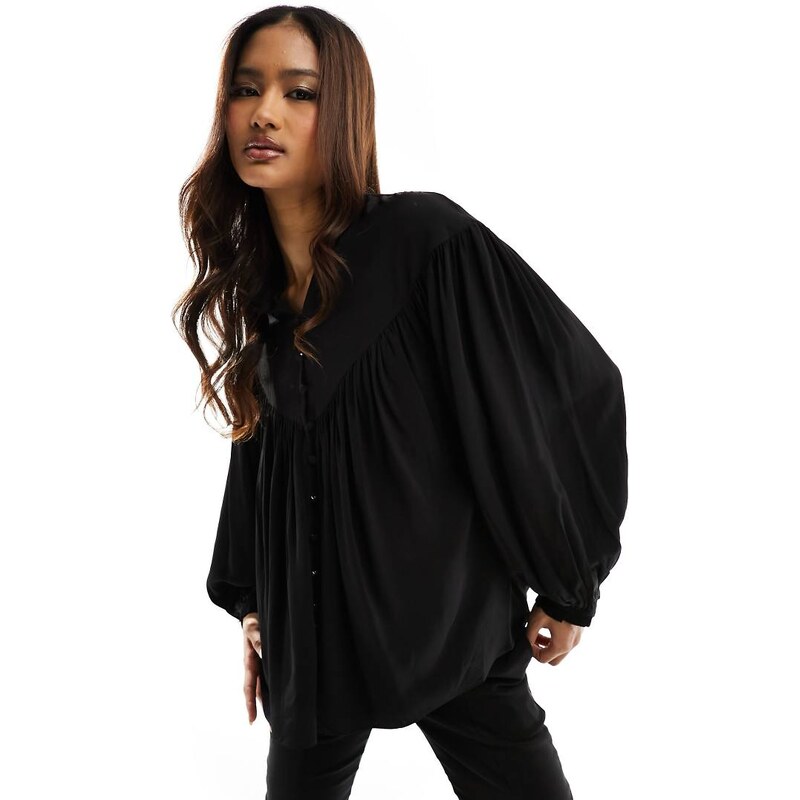 & Other Stories volume sleeve smocked blouse with frill neck in