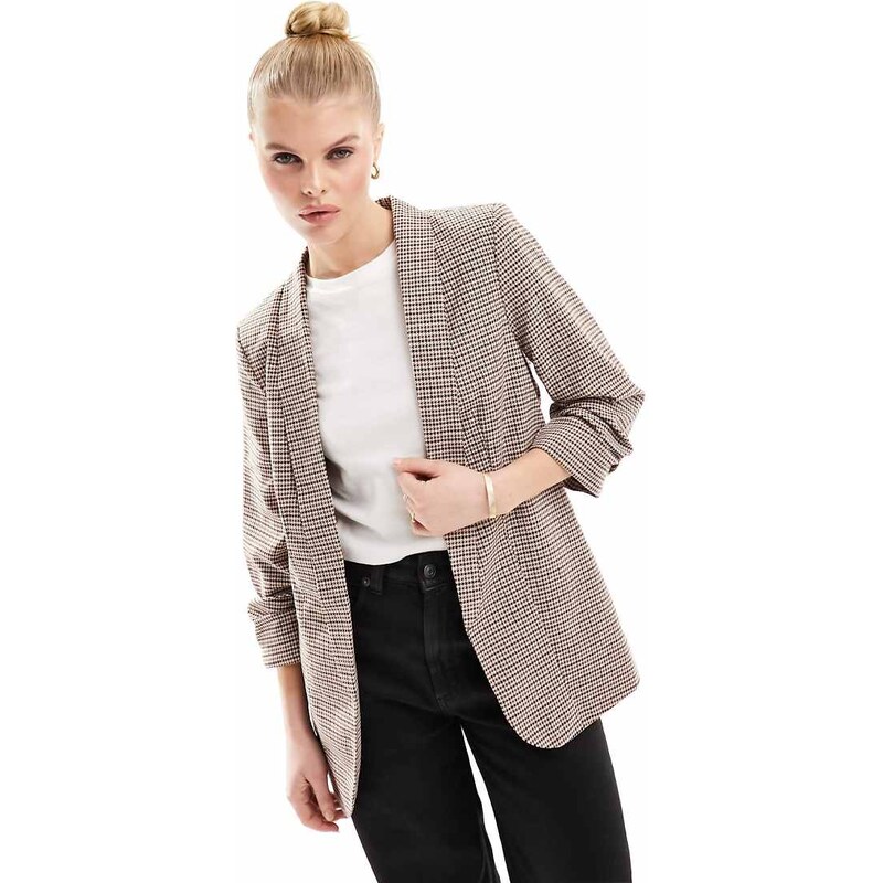 Pieces ruched sleeve blazer in check-Multi 100082402
