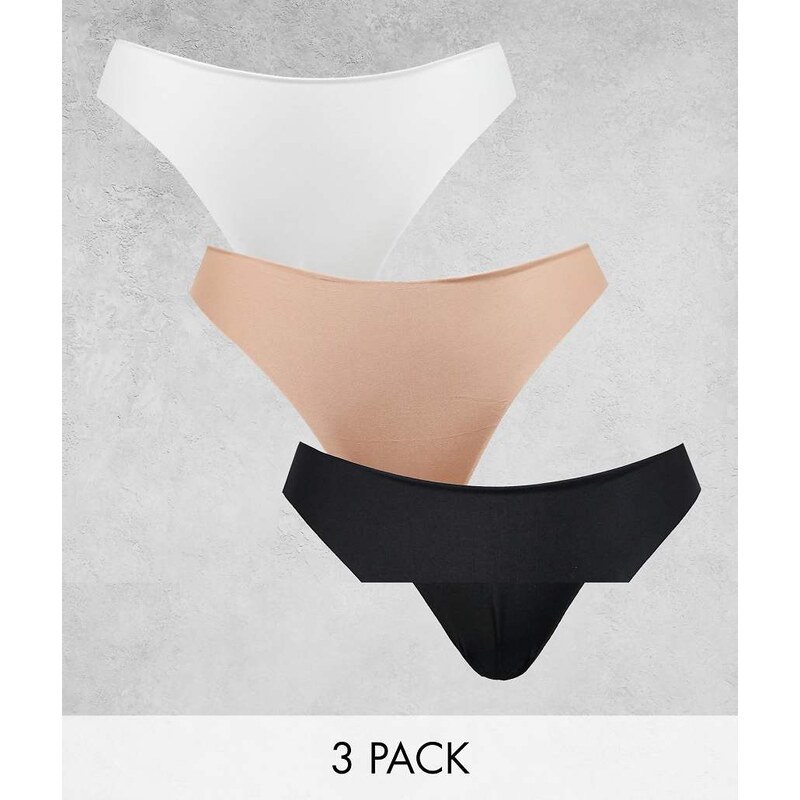 ASOS DESIGN 3 pack no VPL & lace thong in black, white & beige-Multi 115723072
