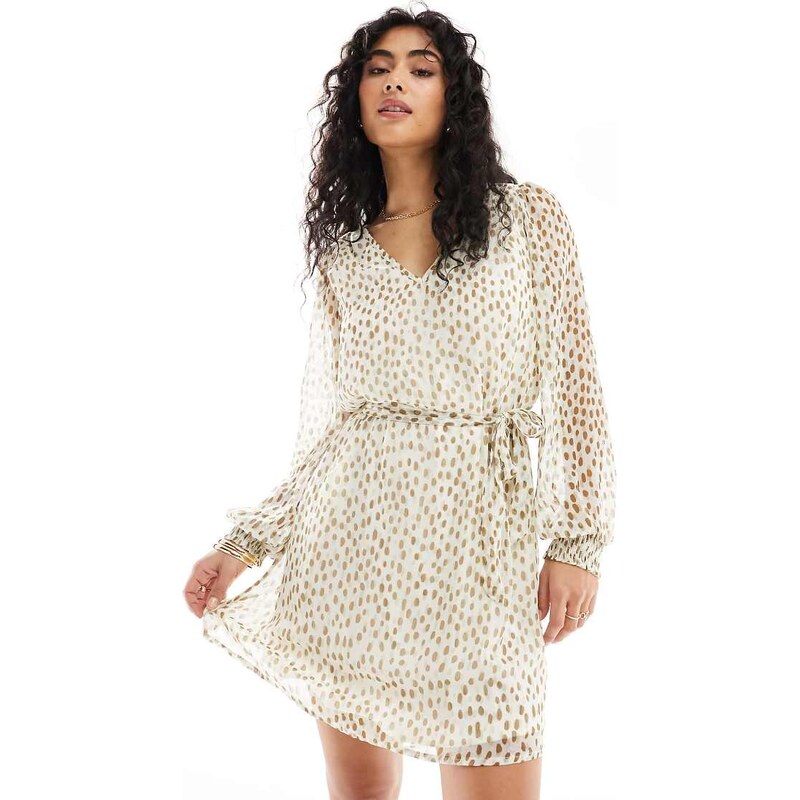 Vila tie waist v neck mini dress with sheer sleeves in cream spot 100082863