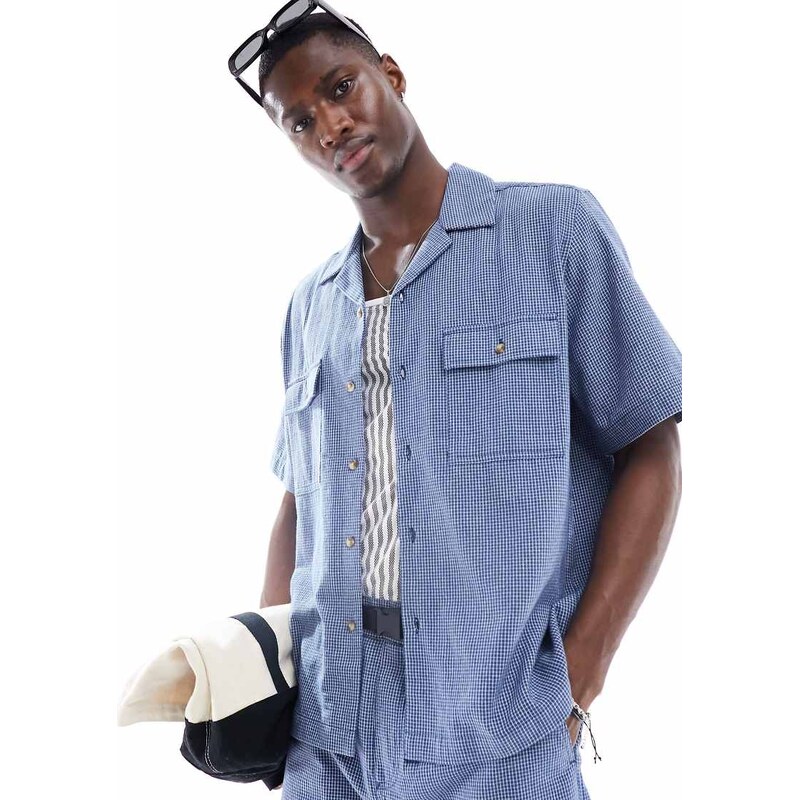 ASOS DESIGN co-ord boxy relaxed revere shirt in blue dad check