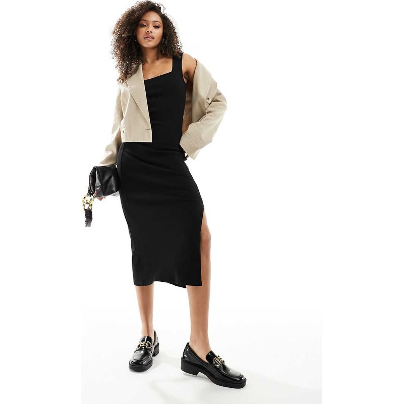 French Connection square neck rib midi dress in black