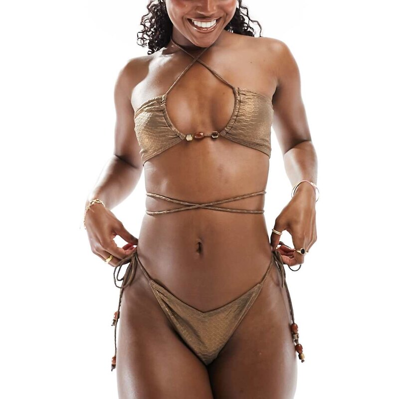 South Beach high waist snake embossed bikini bottom in brown