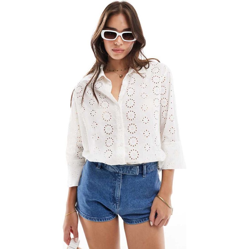 JDY pointelle 3/4 sleeve shirt in off white