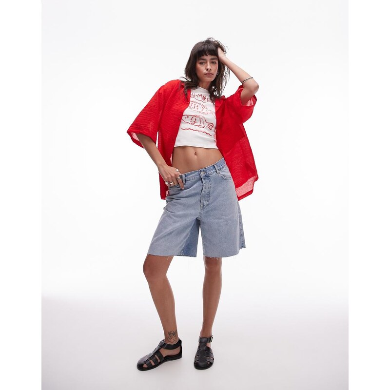 Topshop denim Loose fit jort in bleach-Blue
