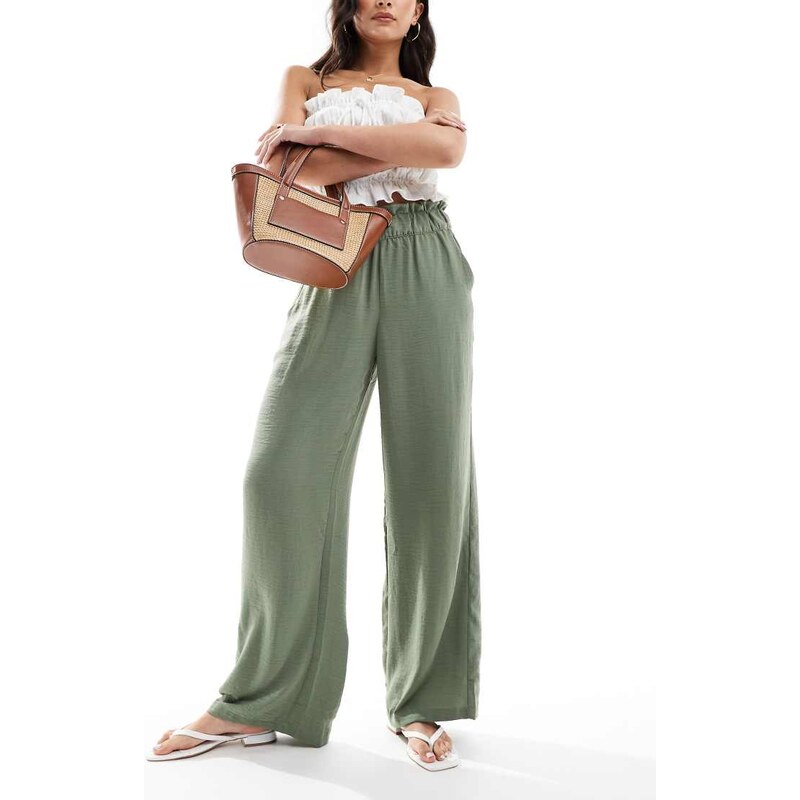 JDY paperbag waist wide leg linen trousers in khaki-Green 109523377