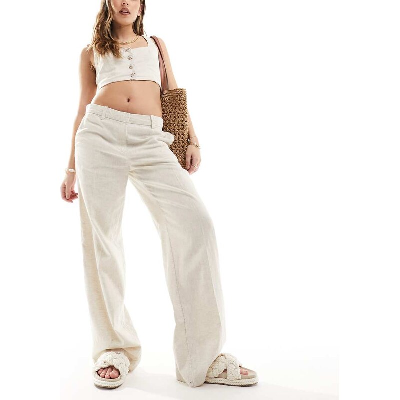 Weekday Emmie low waist linen mix trousers in beige-Neutral