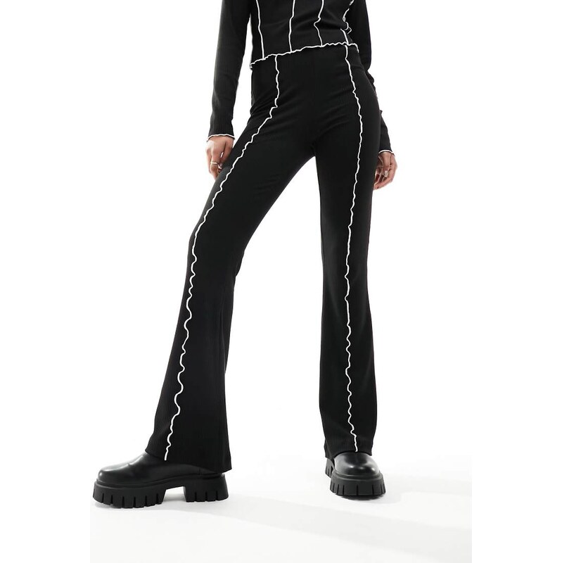 Pieces flared ribbed trouser with contrast stitch co-ord in black 114930047