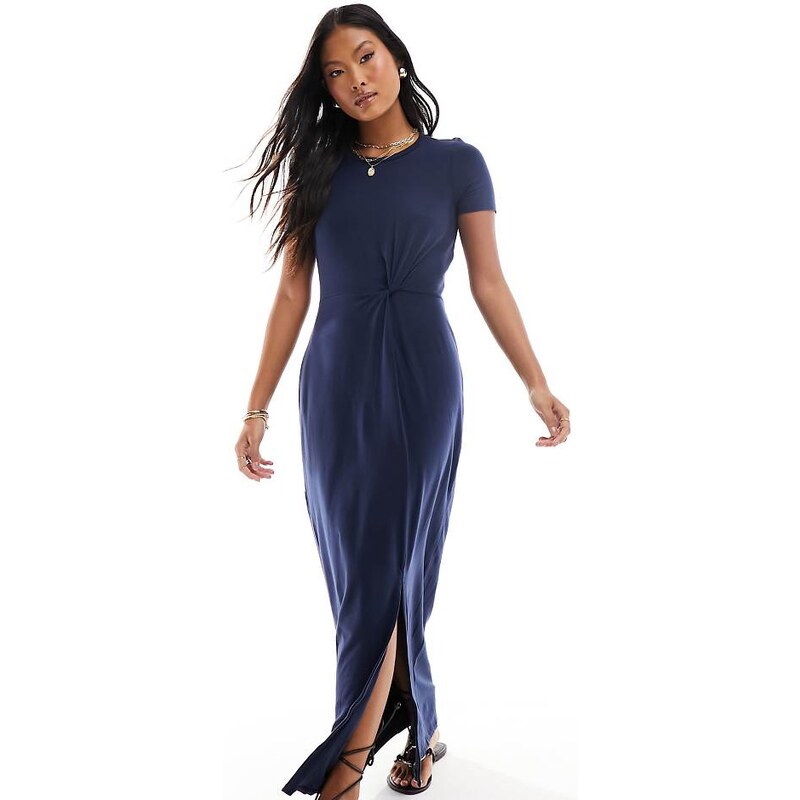 Vero Moda Petite knotted t-shirt maxi dress with split in navy 106068306