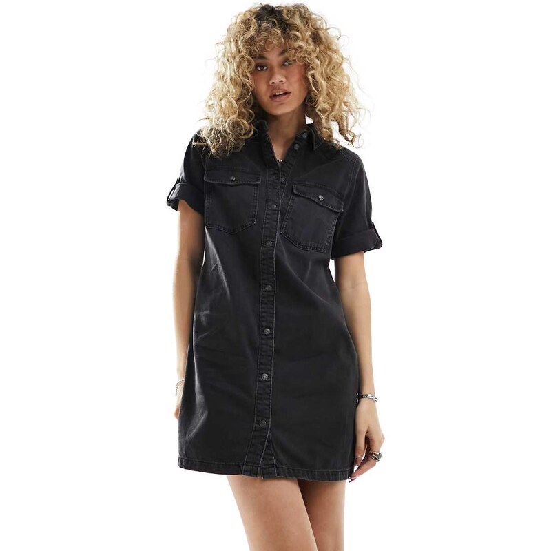 Noisy May rolled sleeve denim mini dress in washed black 104394908