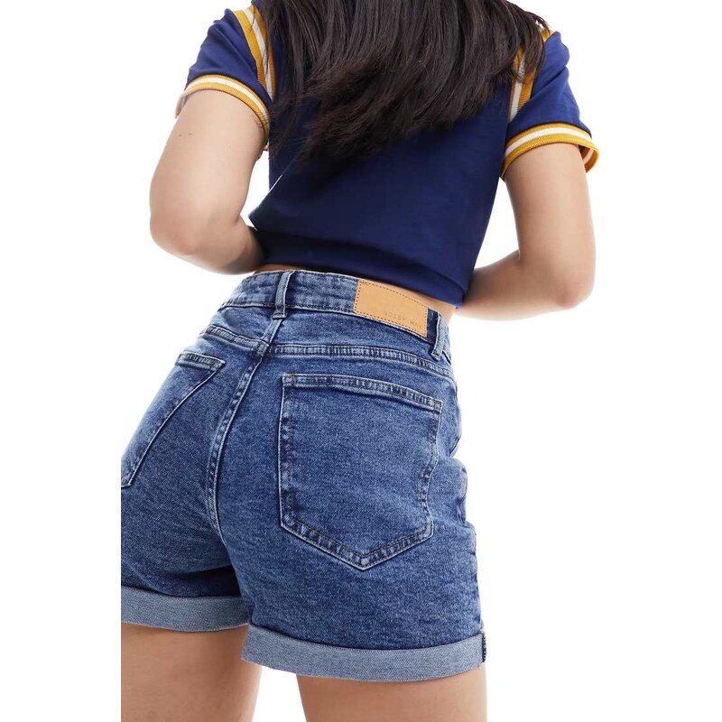 Noisy May Moni high waisted turn up hem denim short in mid wash blue 100078156