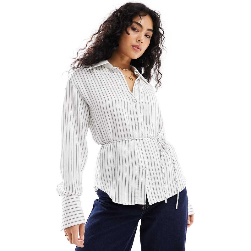 Mango thin stripe contrast collar top in off white 114860313