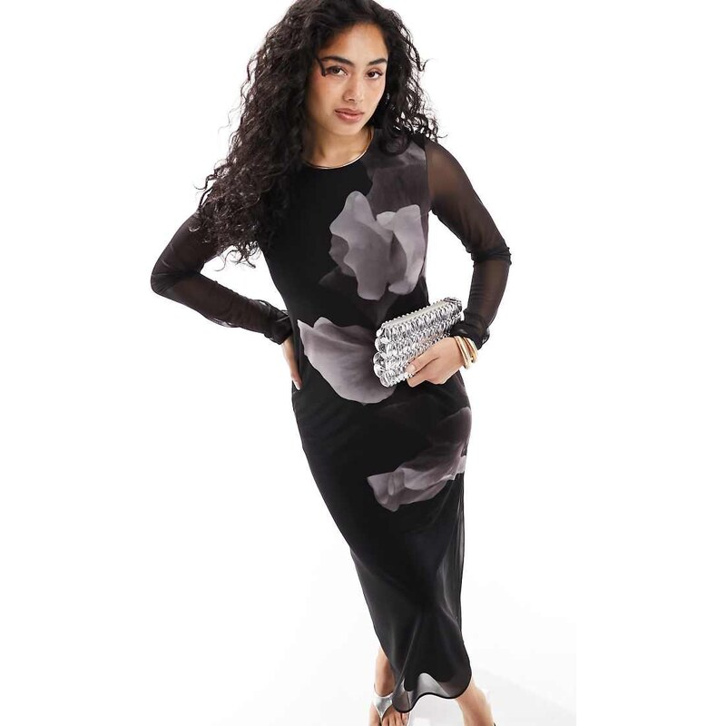 & Other Stories mesh midi dress in black with floral front print