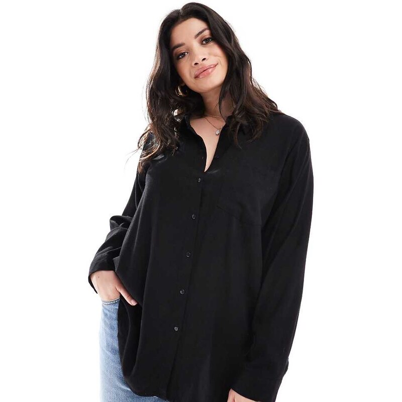 Vero Moda Curve linen blend long sleeved shirt in black