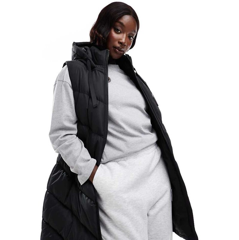 Threadbare Plus longline padded gilet with hood in black 115509785