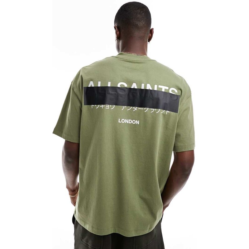 AllSaints Redact oversized embroidered logo t-shirt in green