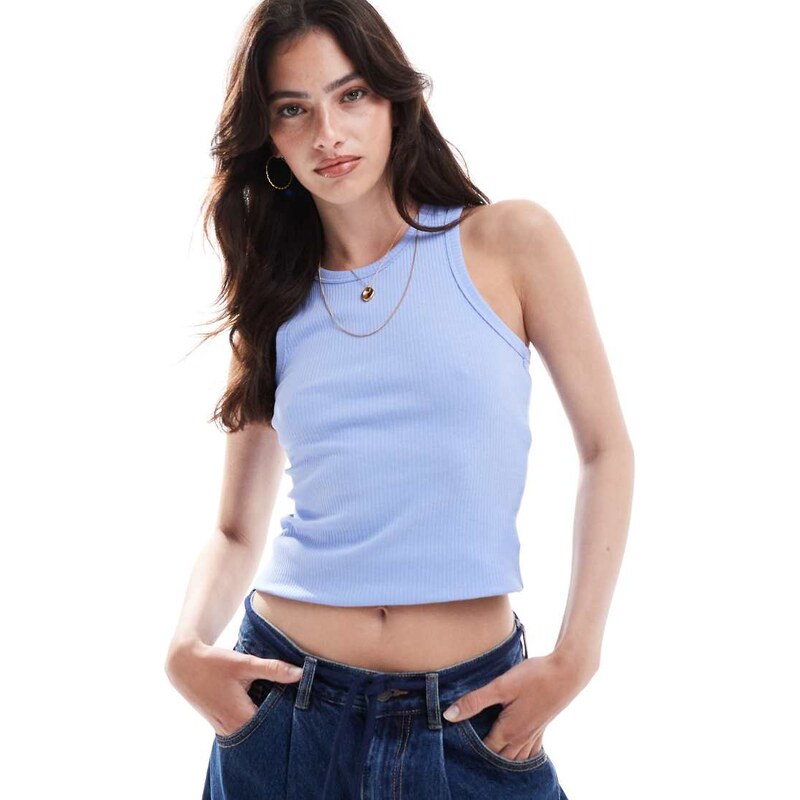 Pieces ribbed racer neck top in blue 115509820