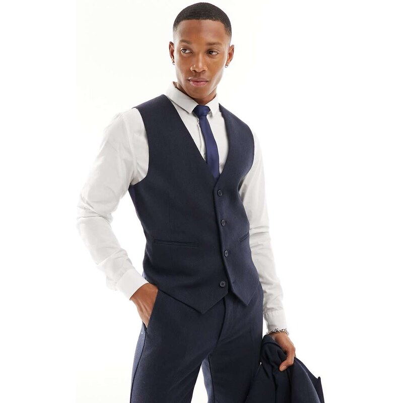 ASOS DESIGN skinny fit wool mix suit waistcoat in navy wide