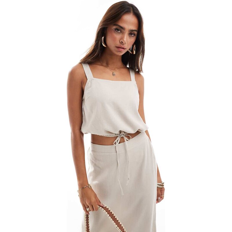 Vero Moda linen blend cropped top co-ord in stone-Neutral 100197503