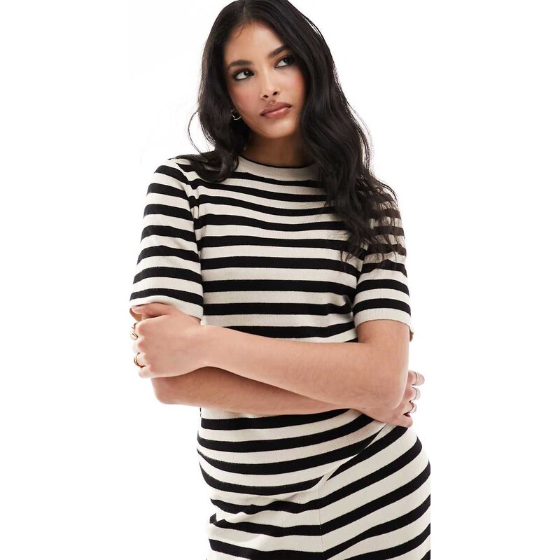 Object short sleeved knitted t-shirt co-ord in monochrome stripe-Black 100081374