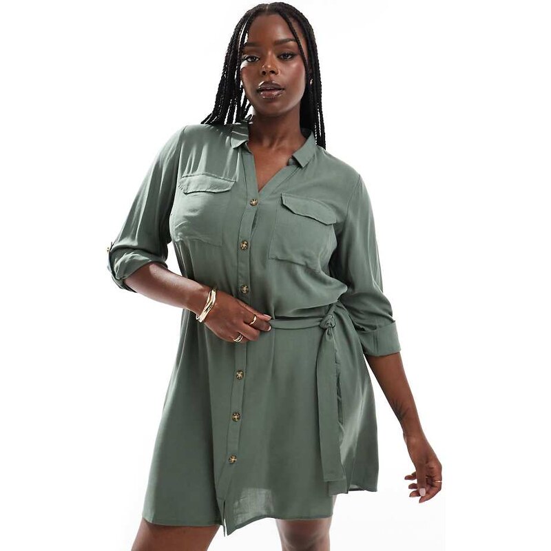 Vero Moda Curve mini shirt dress in khaki-Green