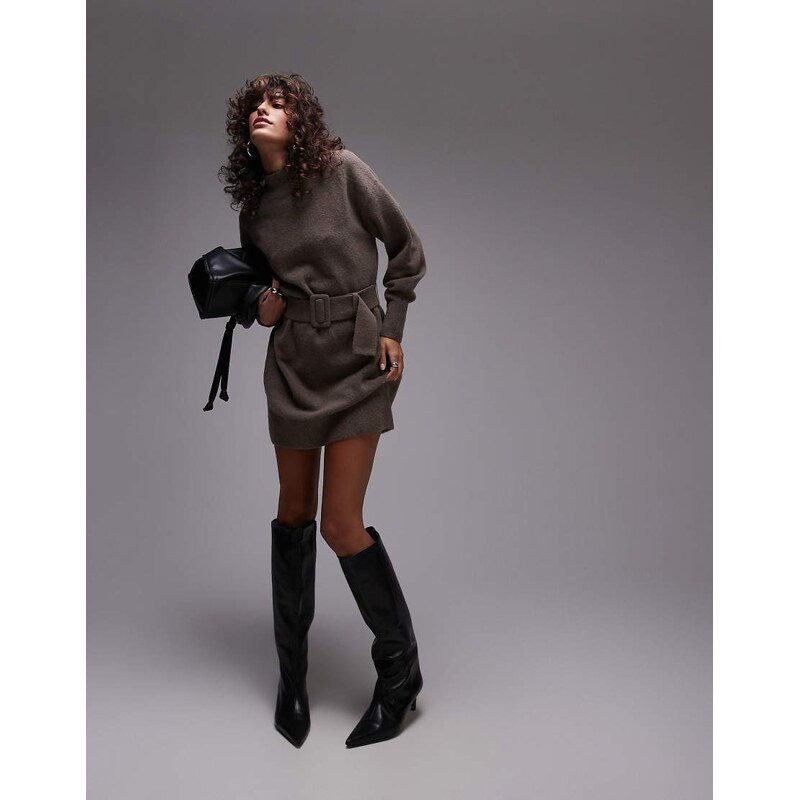 & Other Stories knitted mini dress with belt in mole melange-Brown 100459563