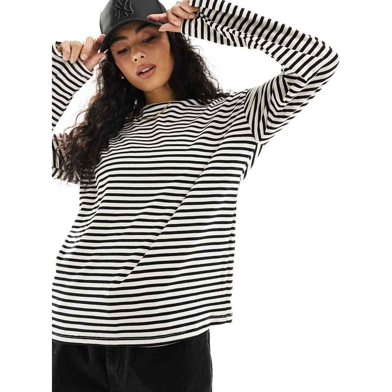 Pieces long sleeve super soft t-shirt in black stripe-Multi
